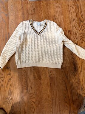 St. John Cream Cable-Knit V-Neck Sweater with Navy & Gold Trim